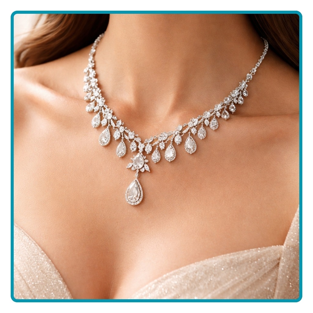 Elegant gemstone jewellery necklace with pear-cut stones worn for a formal evening event.