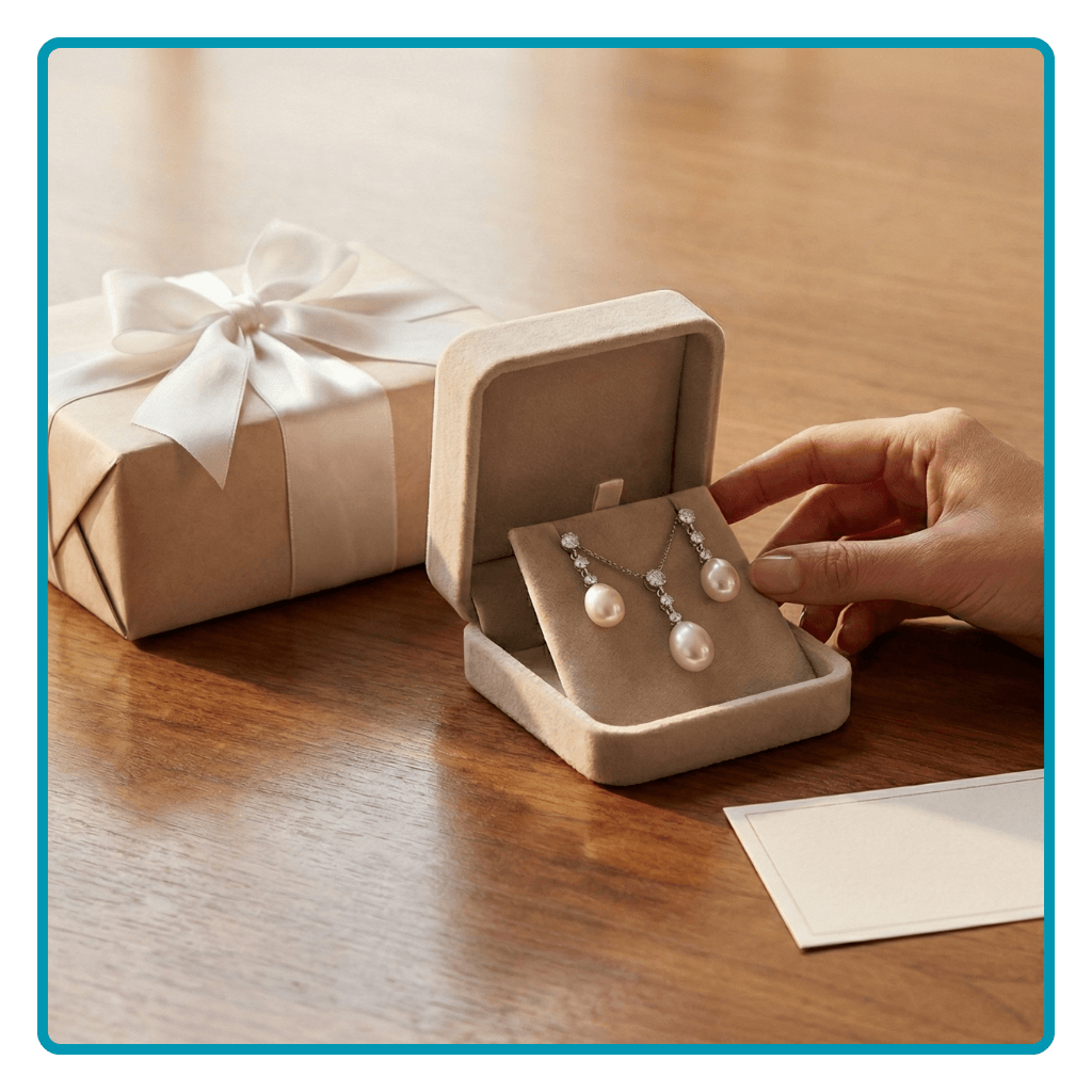 Gift-wrapped jewellery box with a pair of pearl earrings and necklace.