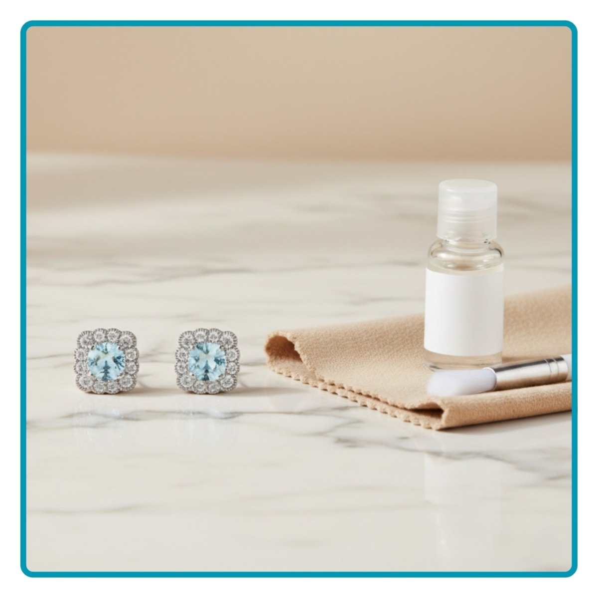 Stud earrings  beside a polishing cloth and cleaning solution, showing proper jewellery cleaning and care.