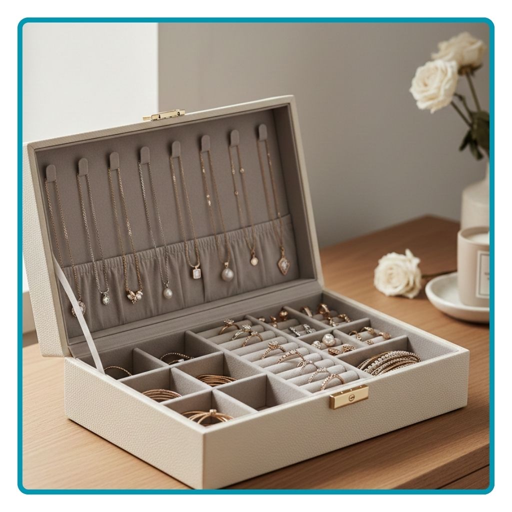Jewellery storage box with compartments for rings, bracelets, and necklaces, neatly organised